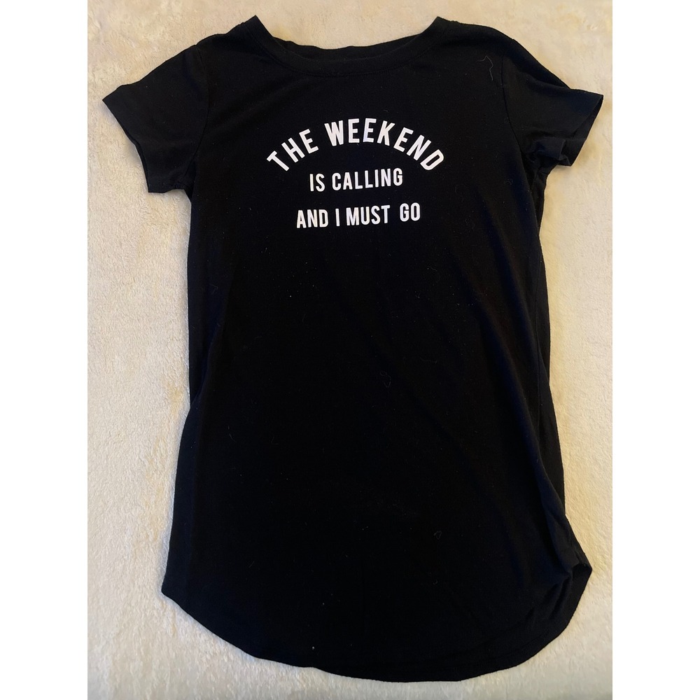 The Print Shop Womens The Weekend Is Calling Graphic Tee Black XS Short Sleeve